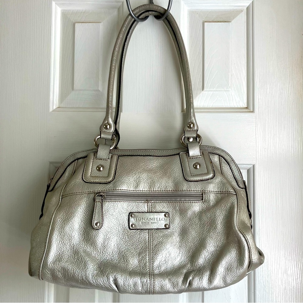 Tignanello Metallic Silver Leather Bag GUC